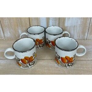 Midwinter Mugs 8 Oz Autumn Poppies Red Orange Stonehenge 1970s Vintage 4 Pc